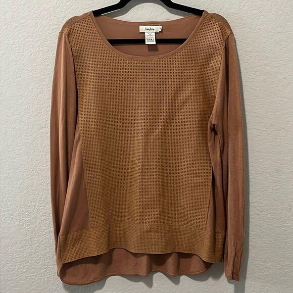 NEIMAN MARCUS Perforated Leather Front and Silk Cognac Long Sleeve Shirt, Size M - Picture 1 of 8